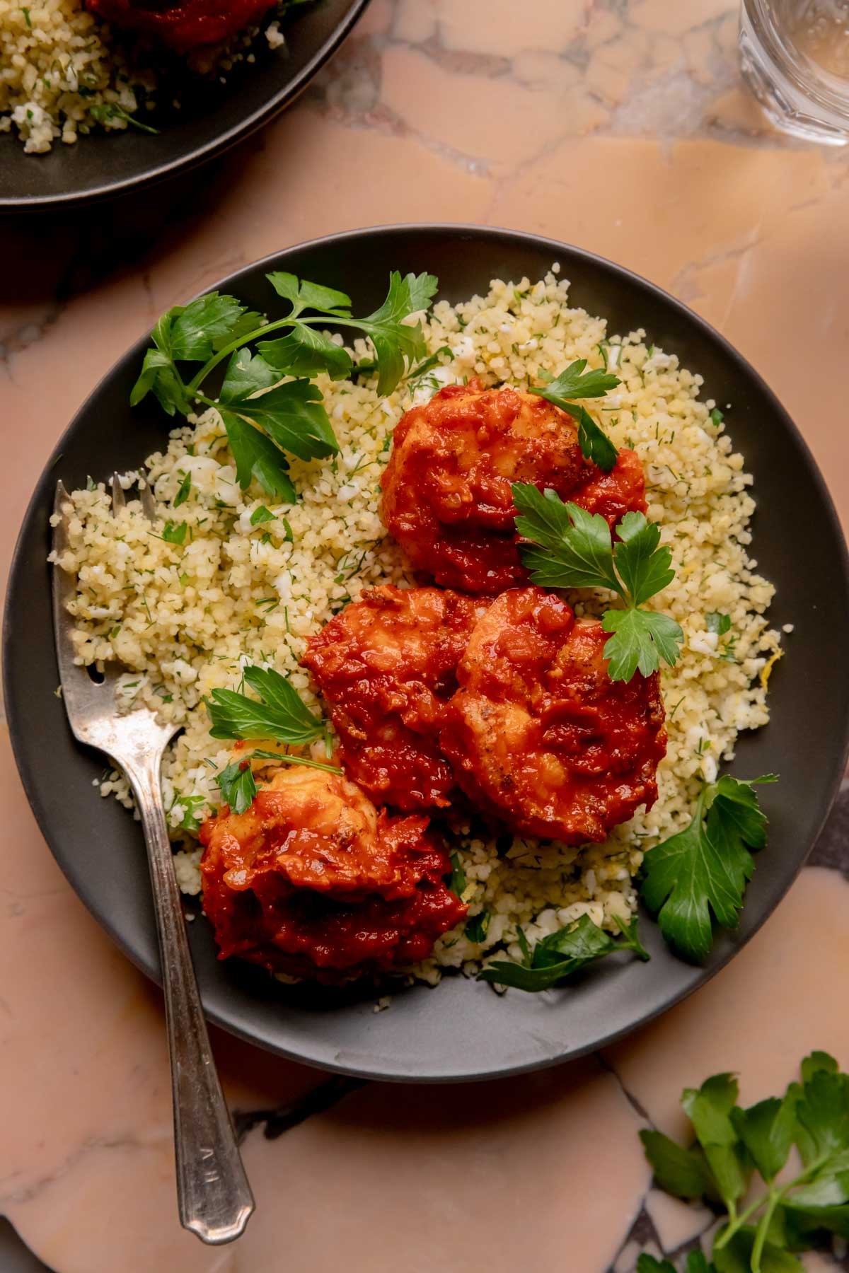 Harissa shrimp with herbed feta couscous.