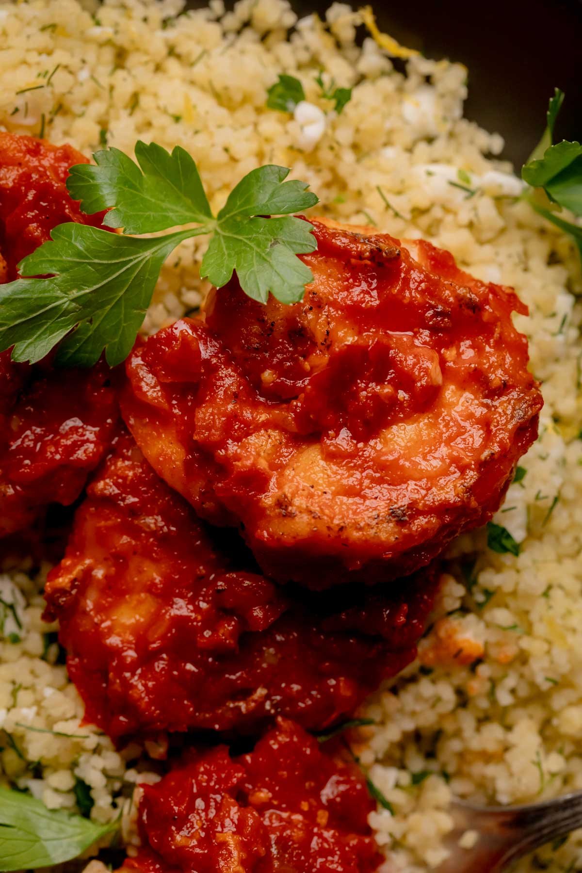 Harissa shrimp with fresh parsley.