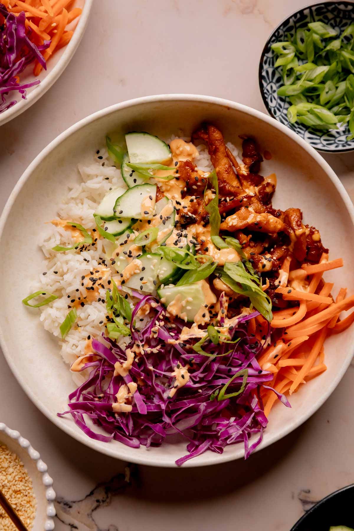 Chicken bulgogi rice bowl with spicy mayo.
