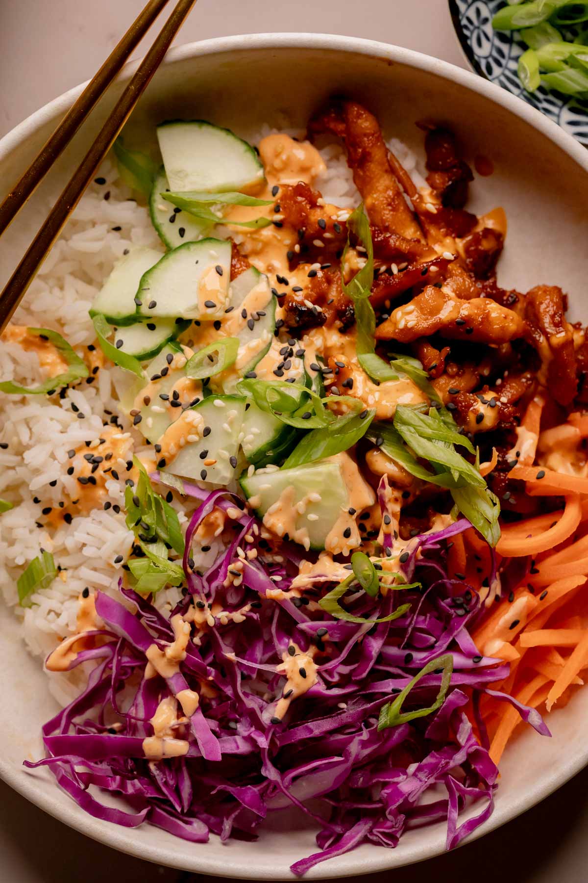 Chicken bulgogi bowl with spicy mayo.