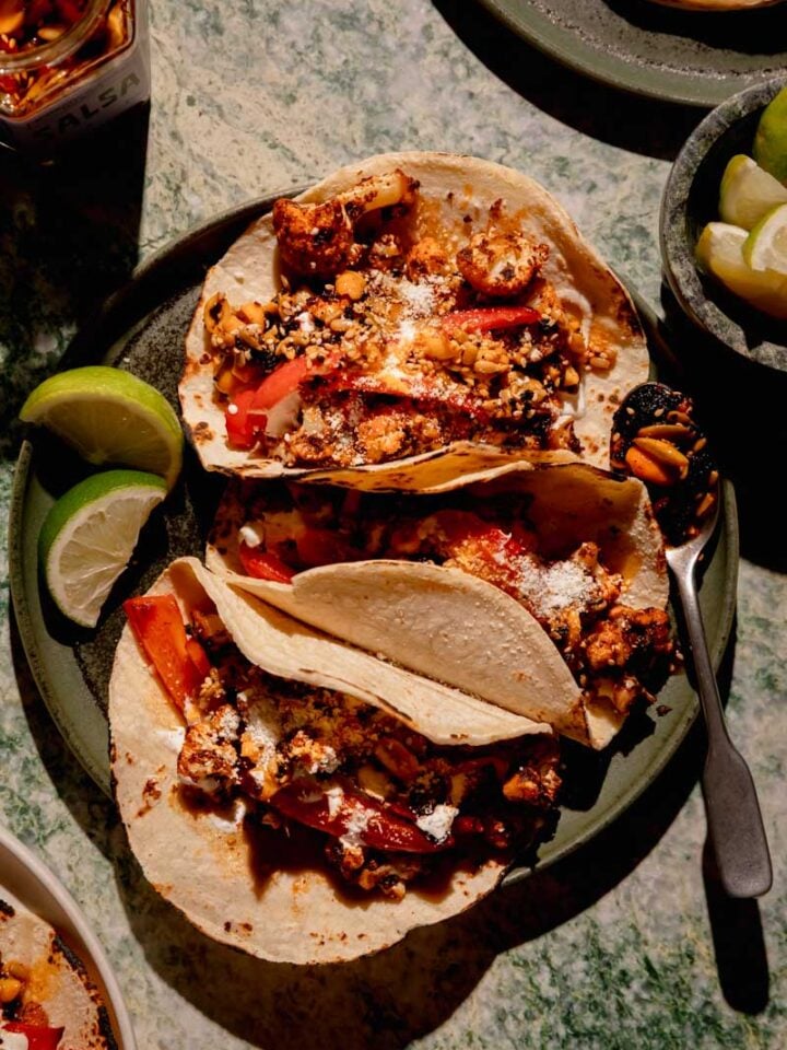 Roasted Cauliflower Tacos with Salsa Macha.