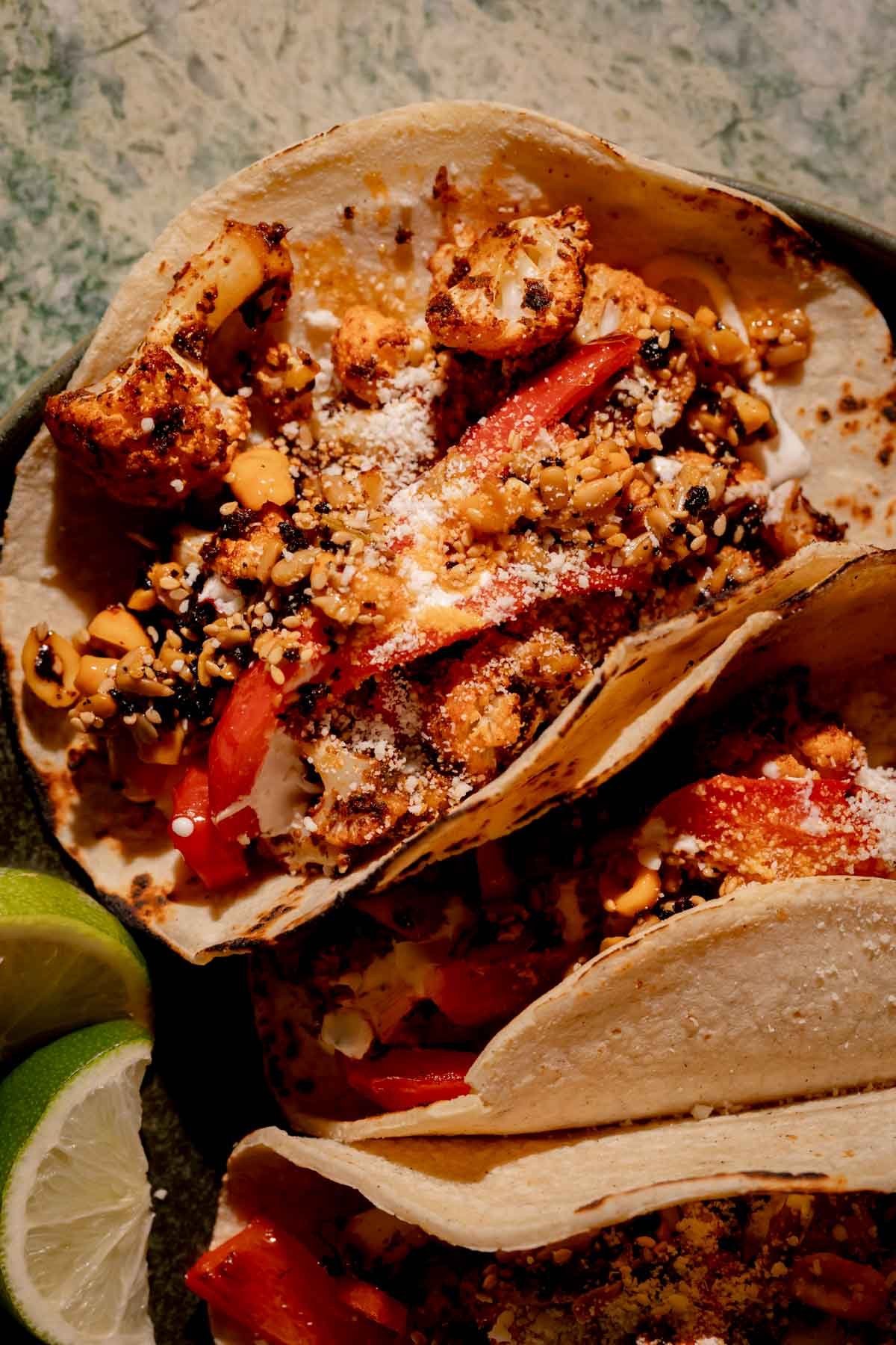 Roasted Cauliflower Tacos with Salsa Macha.