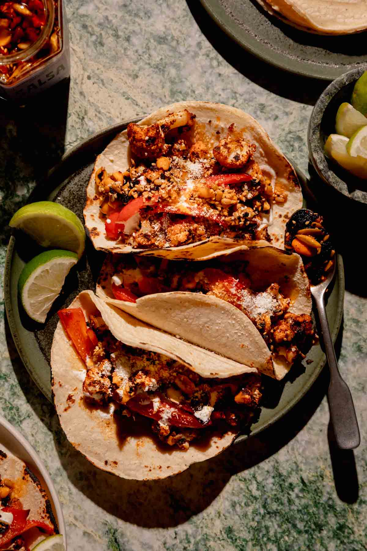 Roasted Cauliflower Tacos with Salsa Macha.