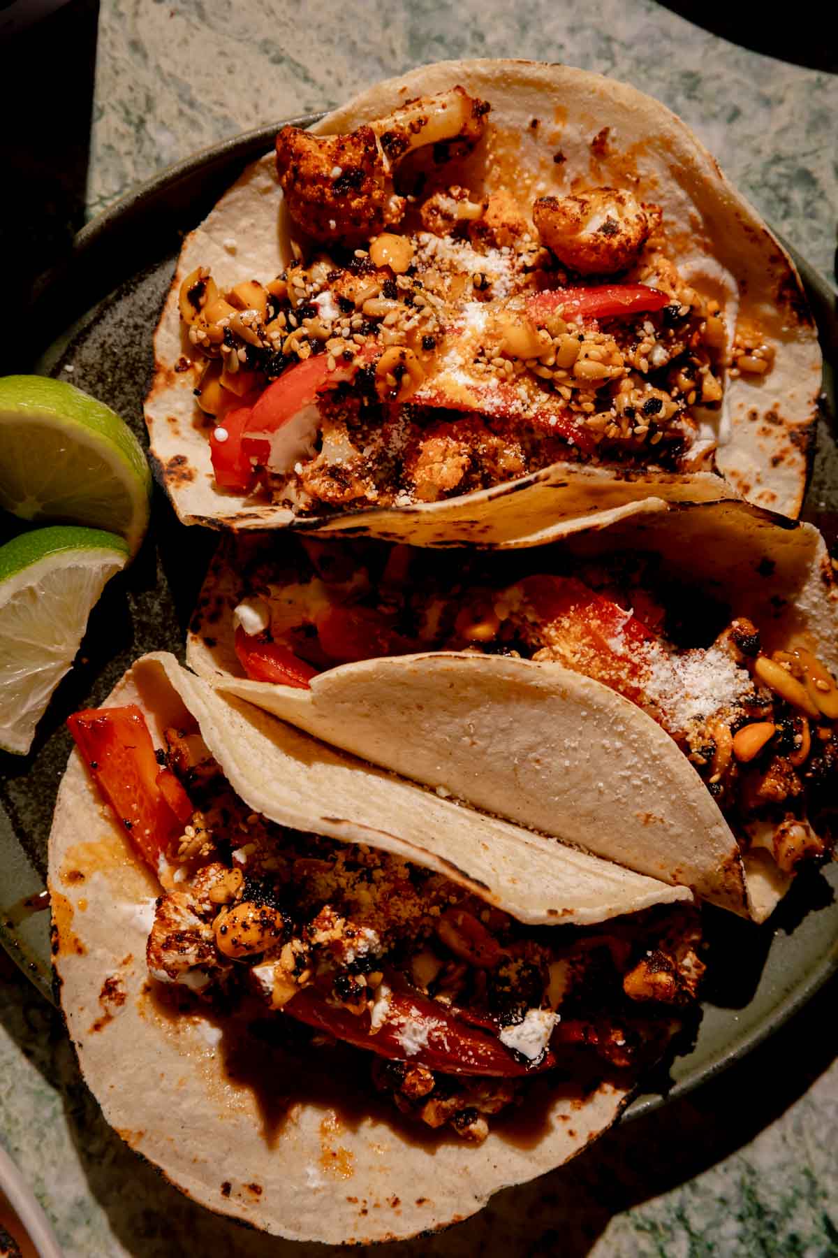 Roasted Cauliflower Tacos with Salsa Macha.