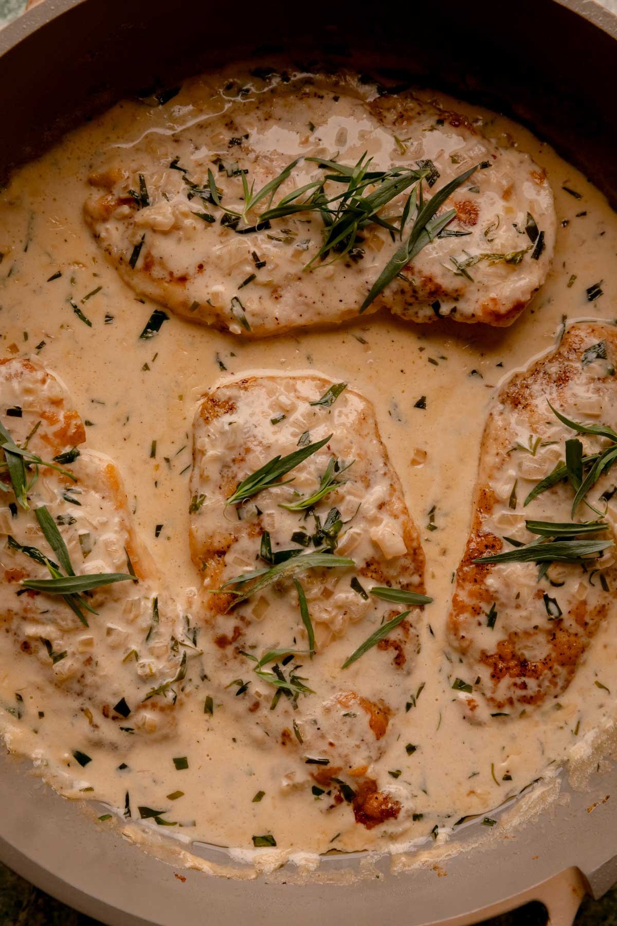 Creamy Tarragon Chicken fillets in a pan.