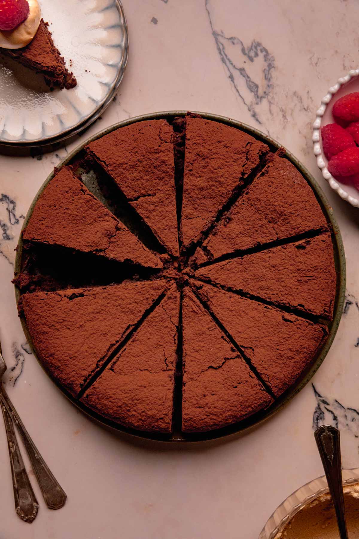 Sliced Torta Caprese on a plate.