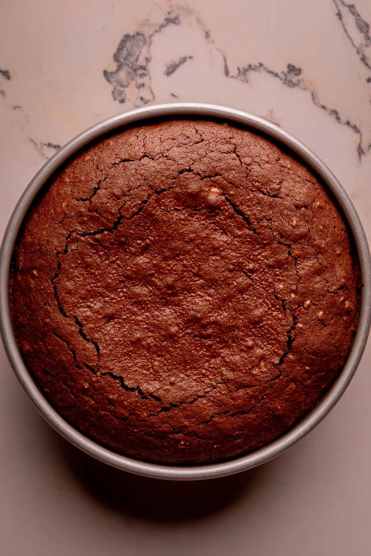 Baked torta caprese cake in a pan.