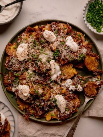 Sour Cream and Caramelized Onion Smashed Potatoes.