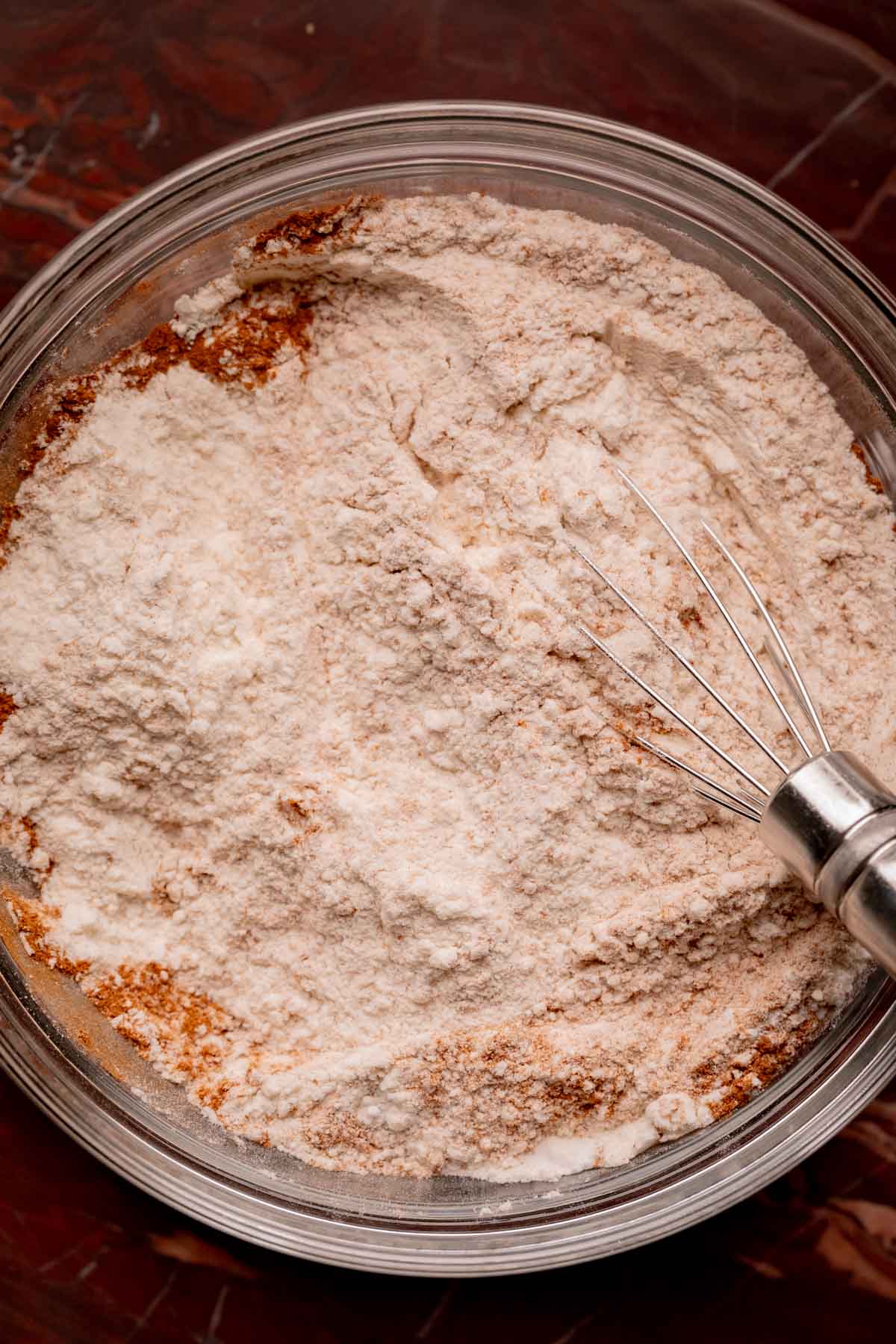 Dry ingredients whisked together in a bowl.