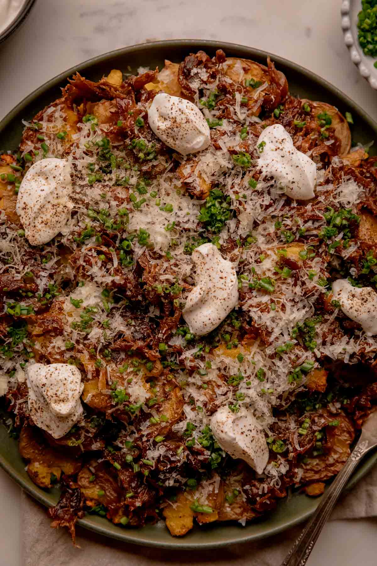 Sour Cream and Caramelized Onion Smashed Potatoes.