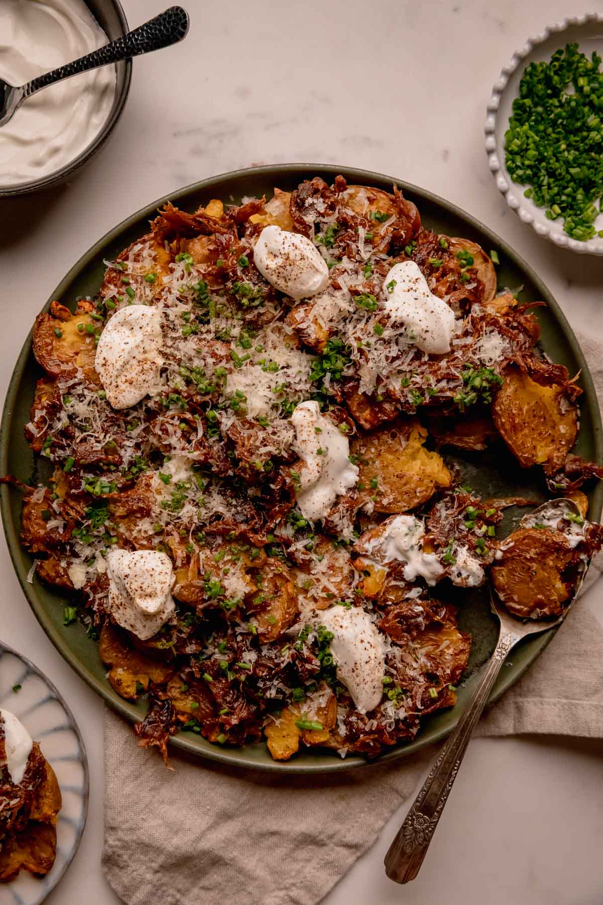 Sour Cream and Caramelized Onion Smashed Potatoes.