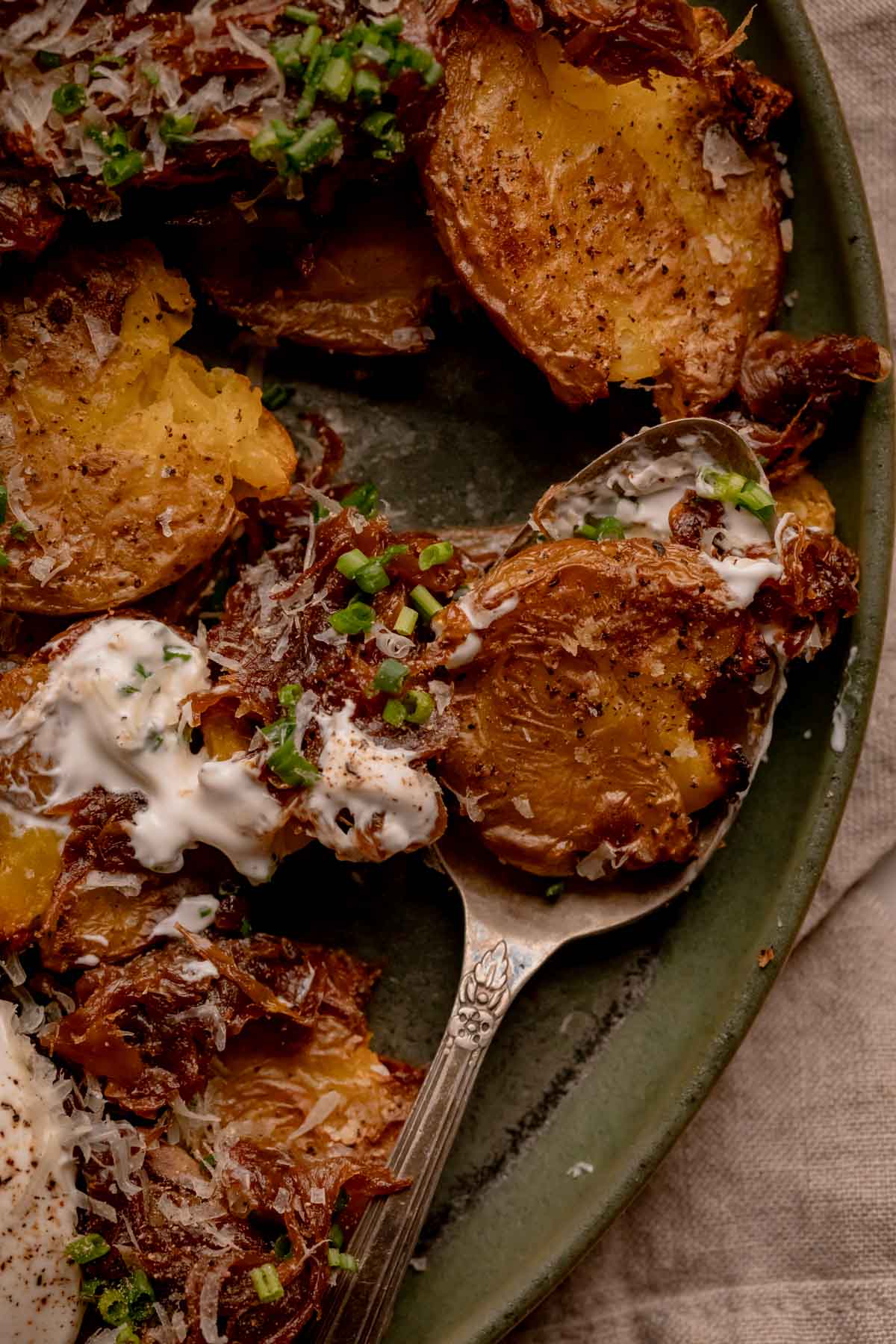 Sour Cream and Caramelized Onion Smashed Potatoes.