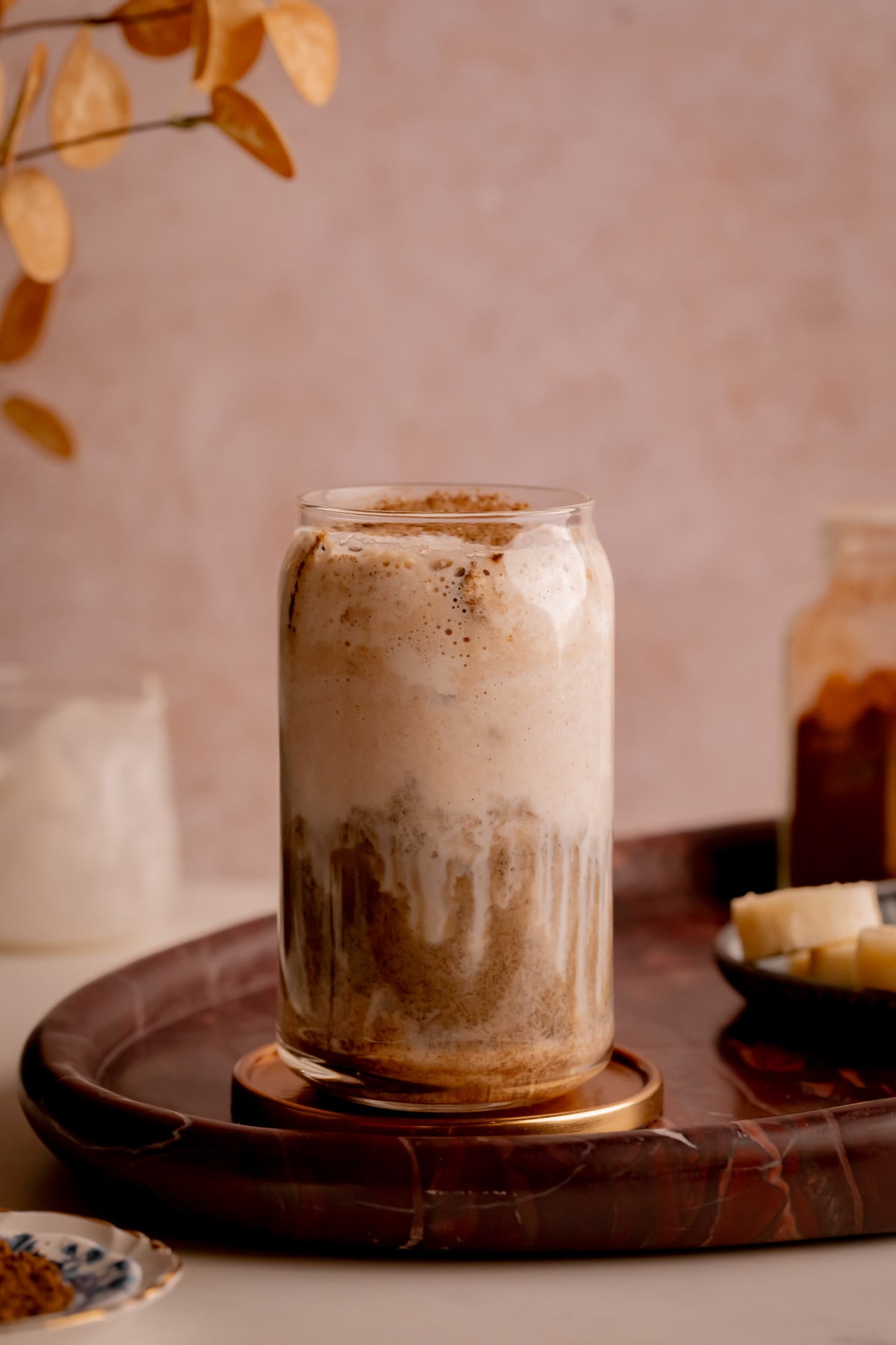 Roasted Banana Hojicha Latte with Salted Vanilla Cream.