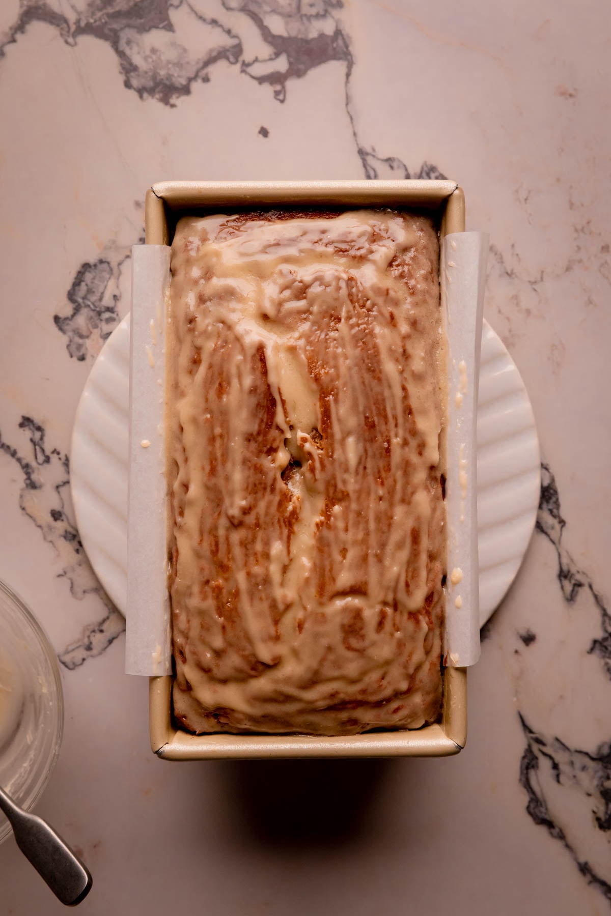 Miso maple banana bread in a loaf pan.