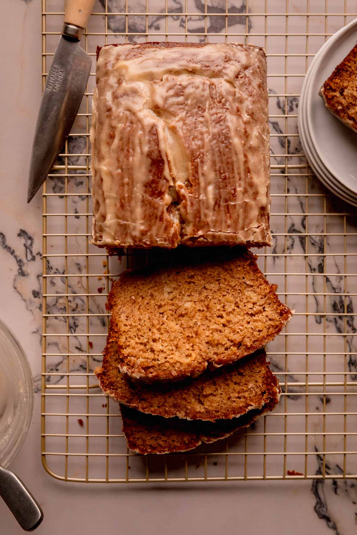 Sliced loaf of miso maple banana bread.