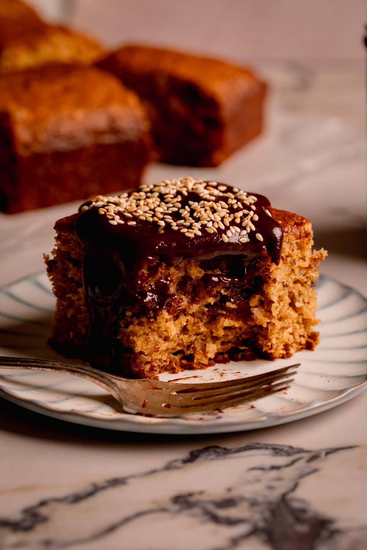 Coconut Date Cake with Tahini Fudge Sauce.