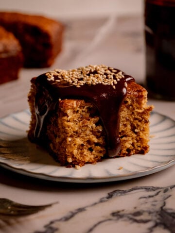 Coconut Date Cake with Tahini Fudge Sauce.