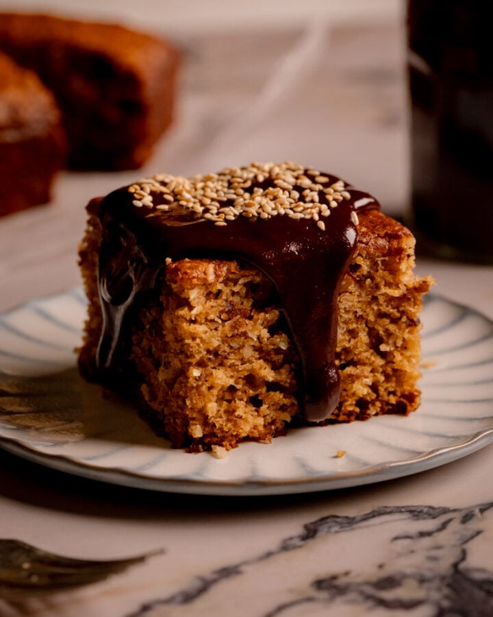 Coconut Date Cake with Tahini Fudge Sauce.