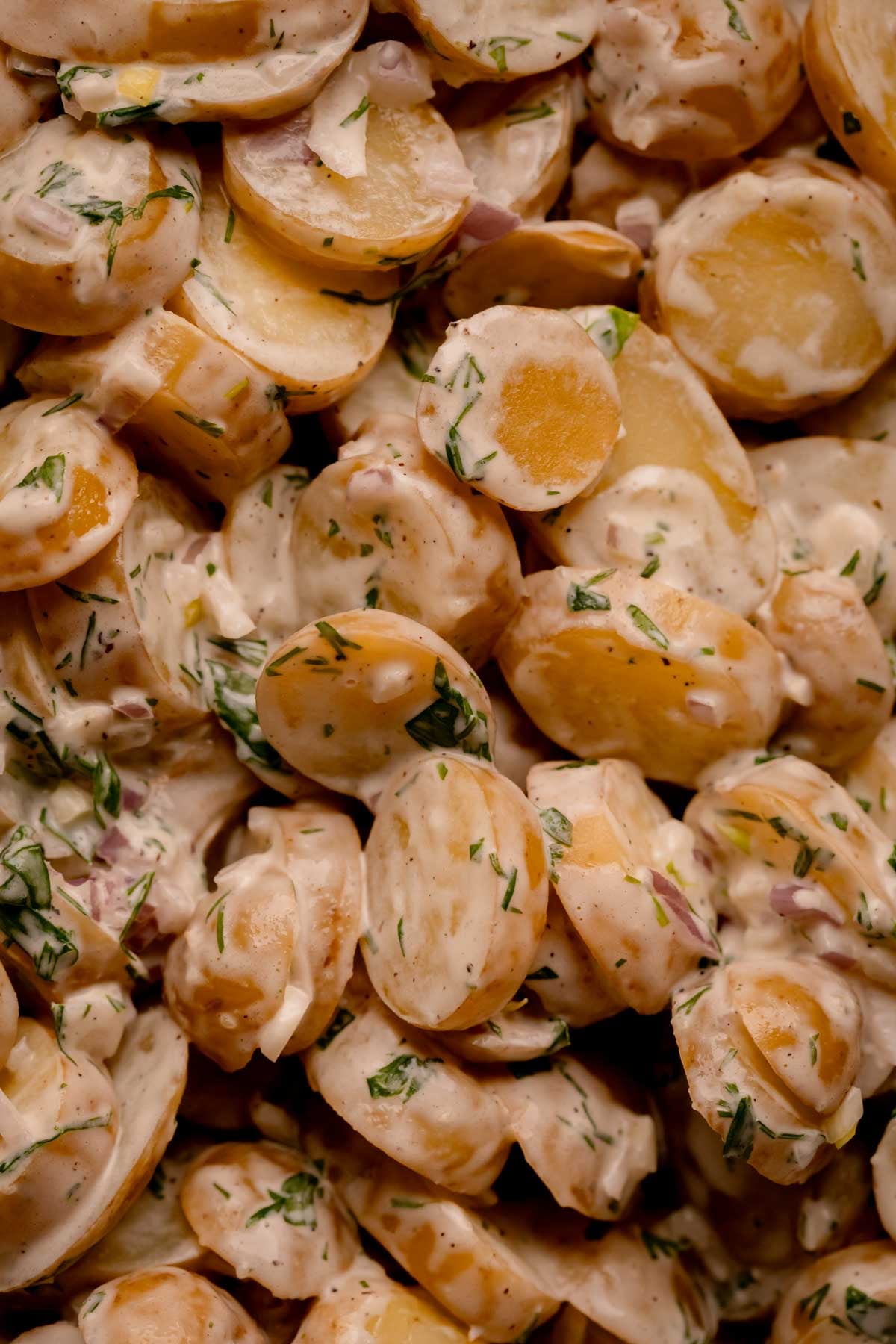 Potatoes coated in dressing.