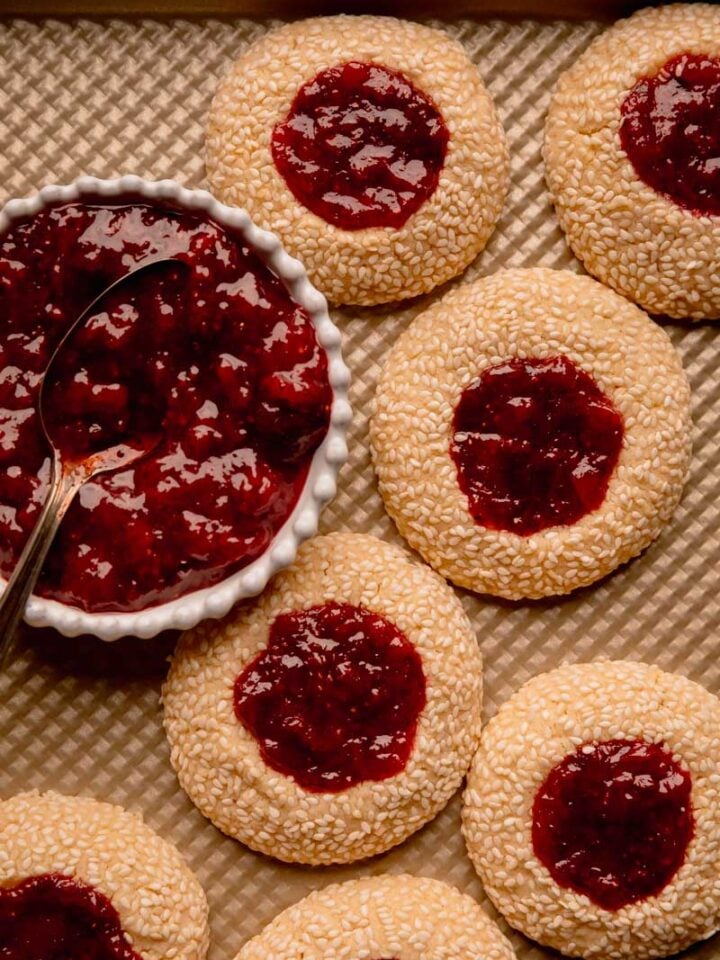 Tahini Thumbprint Cookies with Strawberry Sumac Jam.