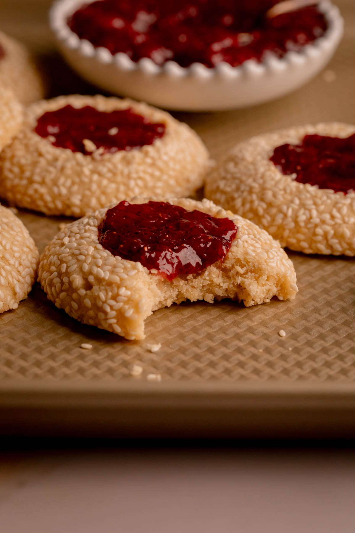 Tahini Thumbprint Cookies with Strawberry Sumac Jam.