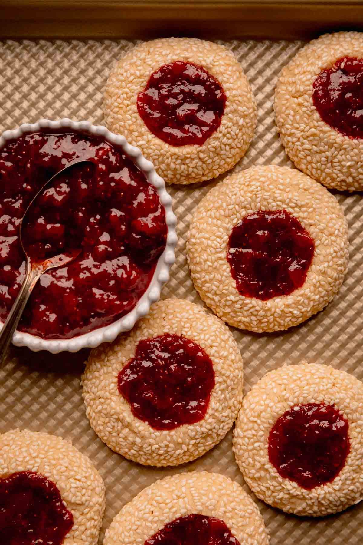Tahini Thumbprint Cookies with Strawberry Sumac Jam.