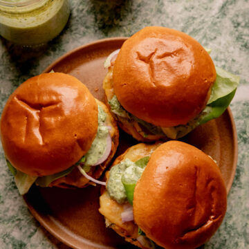 Herbed Chicken Burgers with Spicy Green Goddess Sauce.
