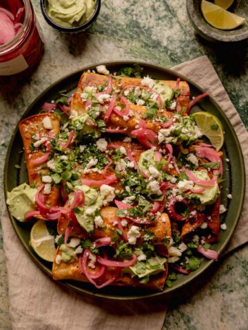 Chipotle Black Bean Flautas with Avocado Crema.