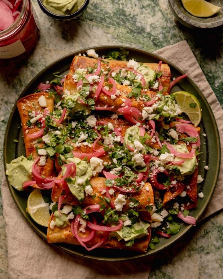 Chipotle Black Bean Flautas with Avocado Crema.
